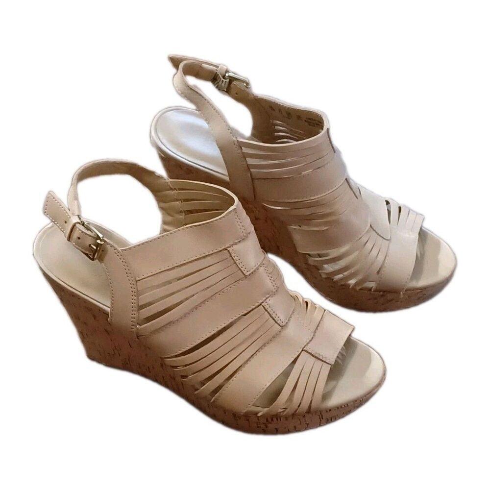 Franco Sarto Beige Leather Sharp Cork Wedge Heels Women's Sandals Sz 7.5